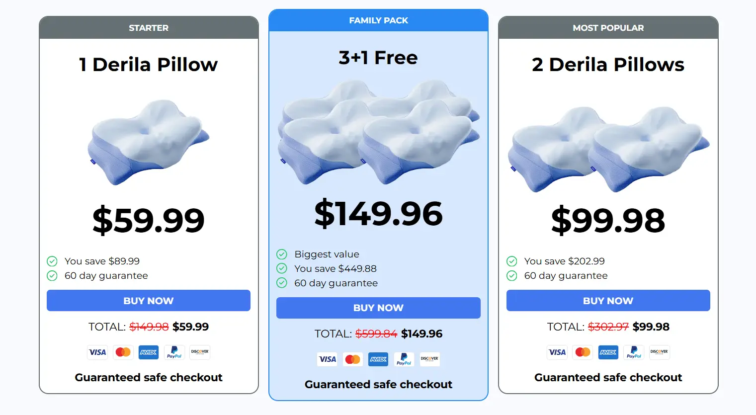 Derila Ergo Pillow package pricing options on the official website